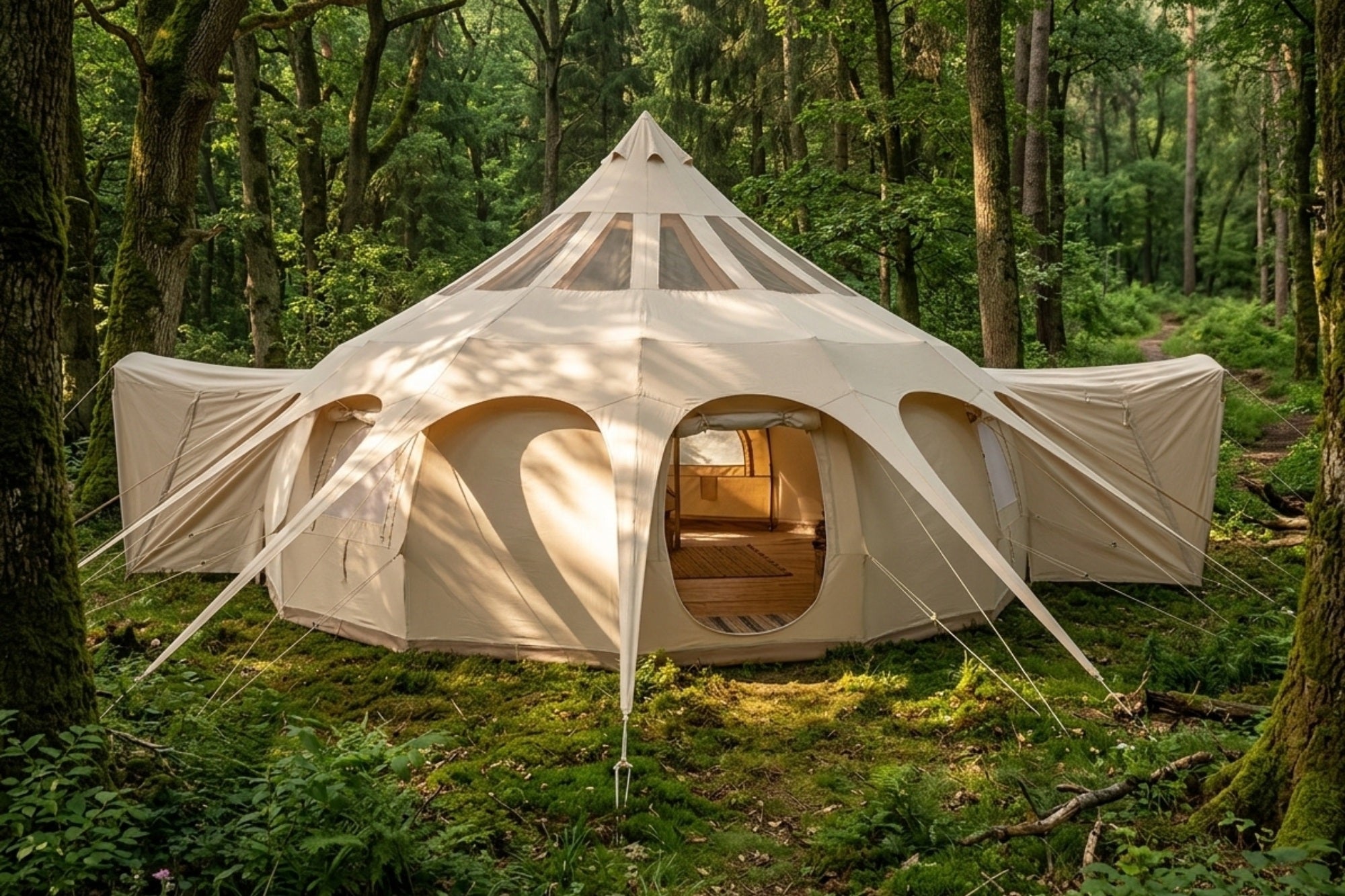 20ft large canvas bell tent with extended awnings set up in a forest glamping environment surrounded by trees and greenery