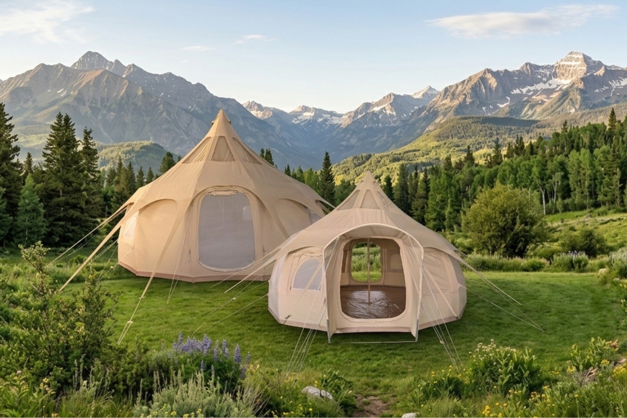 Two 20ft Better Bell glamping tents set up in a lush mountain meadow with open entrances, panoramic windows, and a backdrop of rugged, snow-capped peaks.