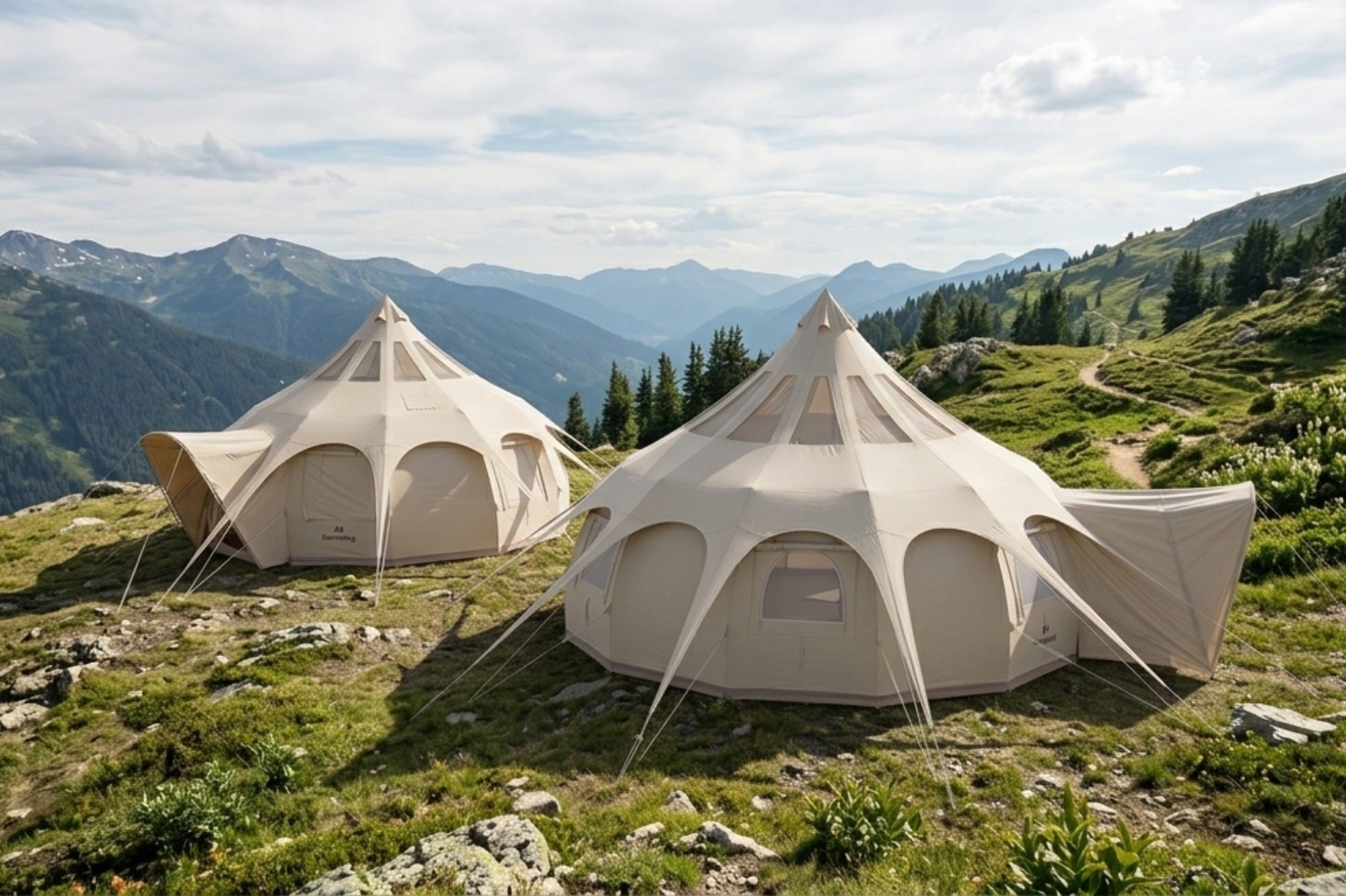 Two 20ft Better Bell yurt tents set up on a grassy alpine ridge, featuring panoramic arched windows and conical peaked roofs overlooking a vast mountain valley.