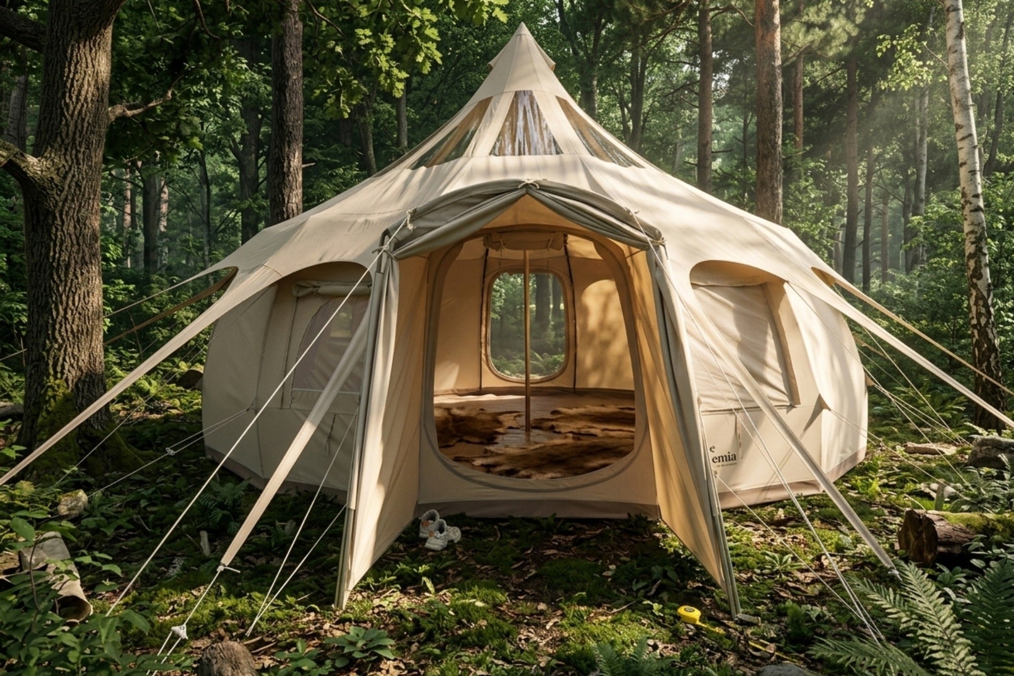 20ft Better Bell yurt tent set up in a forest with open entrance, panoramic windows, and scenic nature surroundings